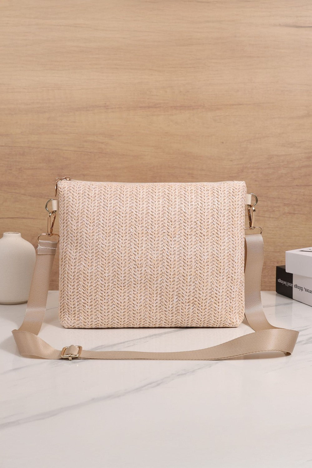 Beige Faux Leather Woven Straw Shoulder Bag|2278
