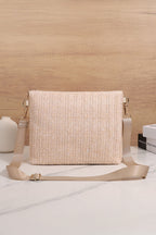 Beige Faux Leather Woven Straw Shoulder Bag|2278