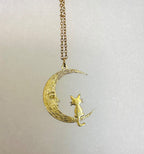 Sweet Kitty Sitting On A Crescent Moon-Gold Tone-18” Tarnish Resistant Stainless Steel Chain|3986