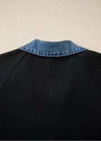 Black Waffle Knit Denim Trim Dress|3051
