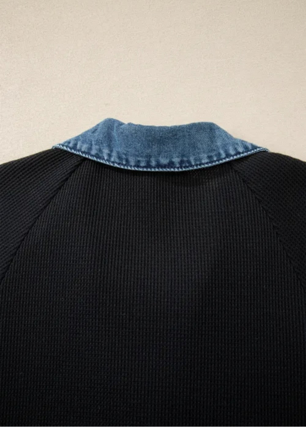 Black Waffle Knit Denim Trim Dress|3051