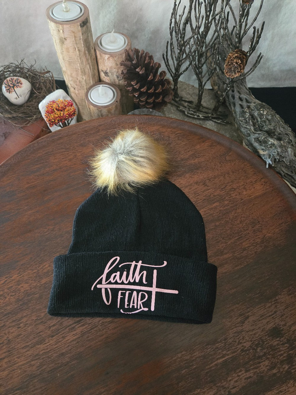 FAITH OVER FEAR BEANIE HAT WITH POMPOM|675