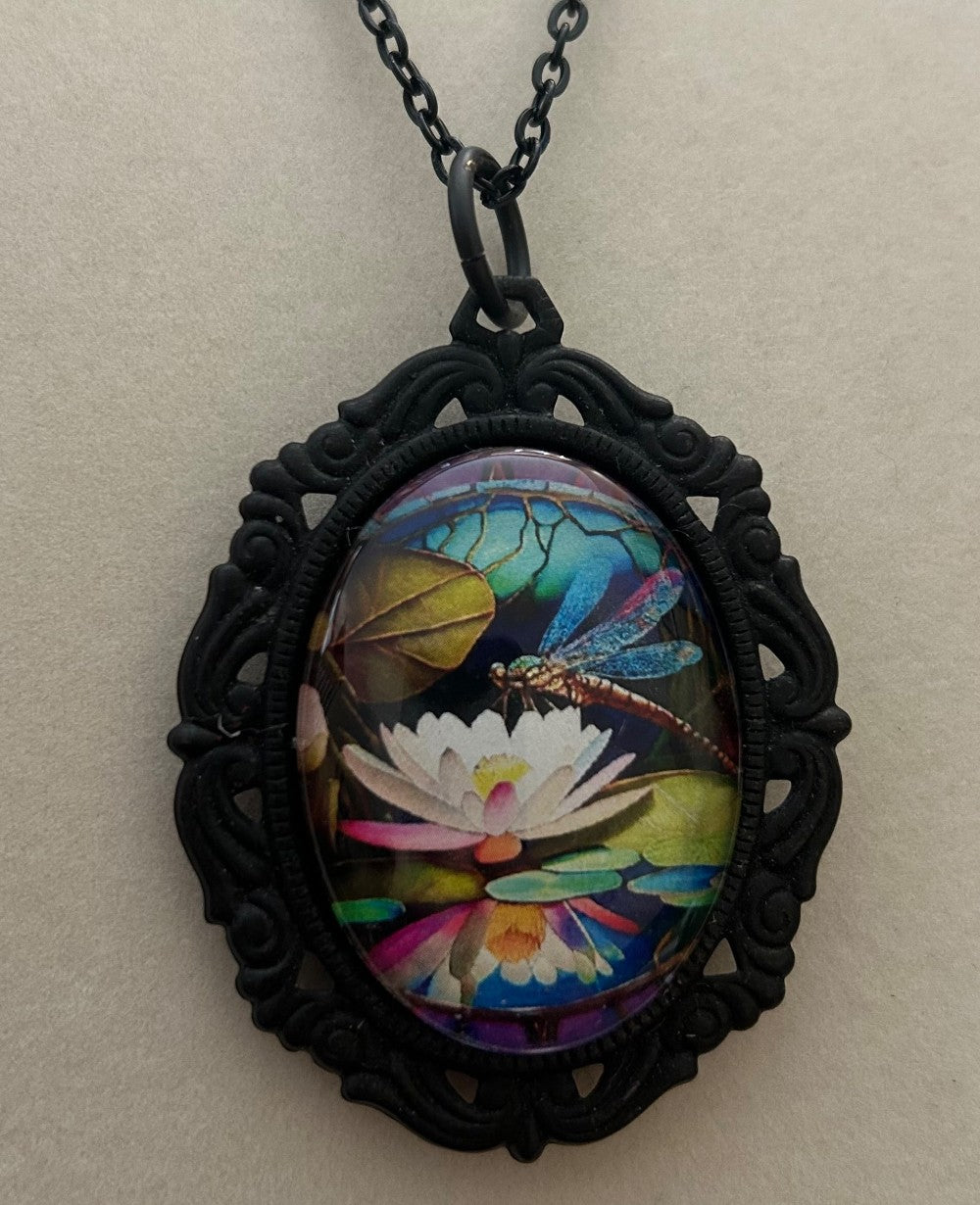 Dragonfly Pendant/Brooch with a 22” Embellished Black Chain|875