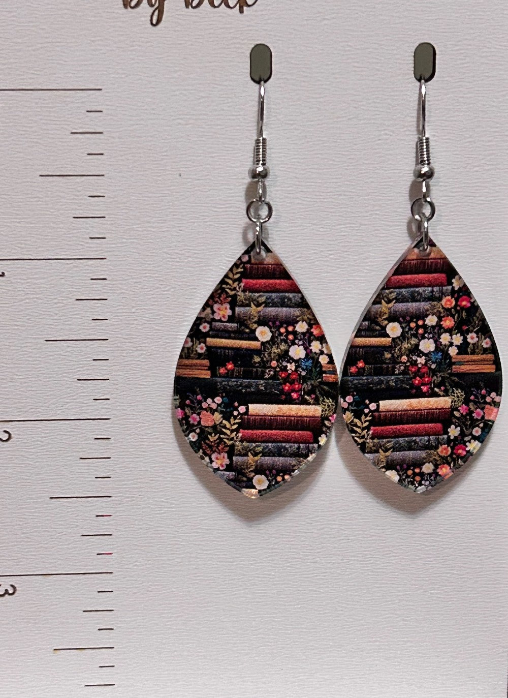 Books and Flowers Pattern Teardrop Dangle Earrings-Hypoallergenic and Nickel Free|3956