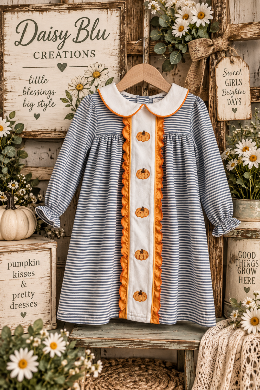 Teal stripe pumpkin embroidery ruffle dress|3703