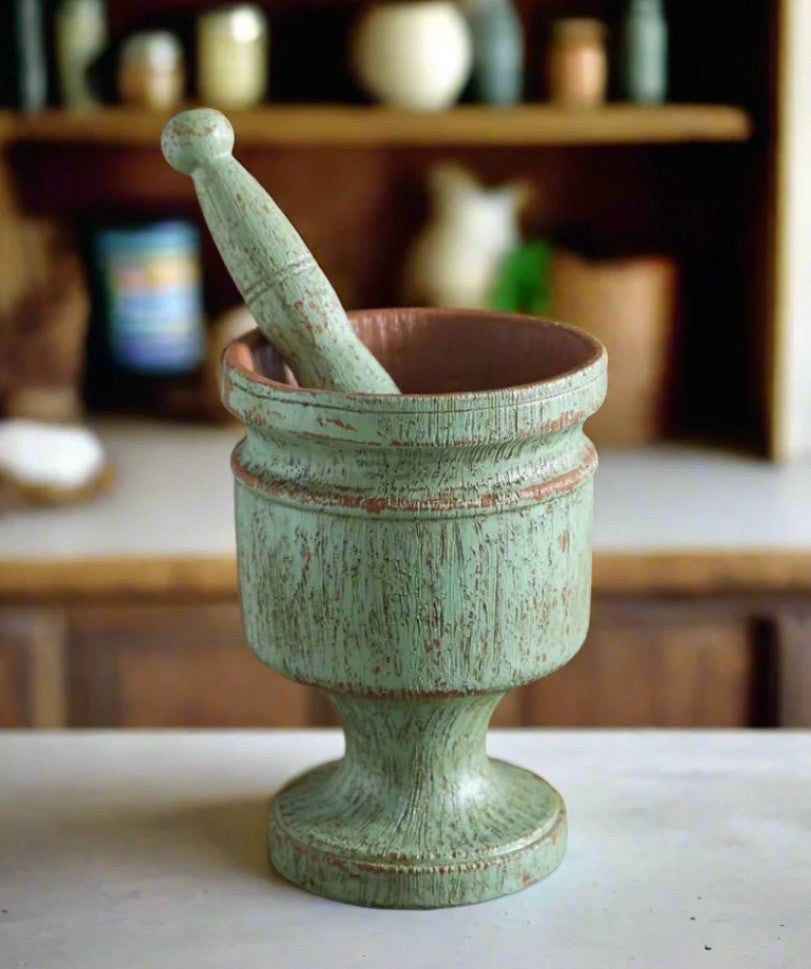 Green Wooden Mortar & Pestle|2692