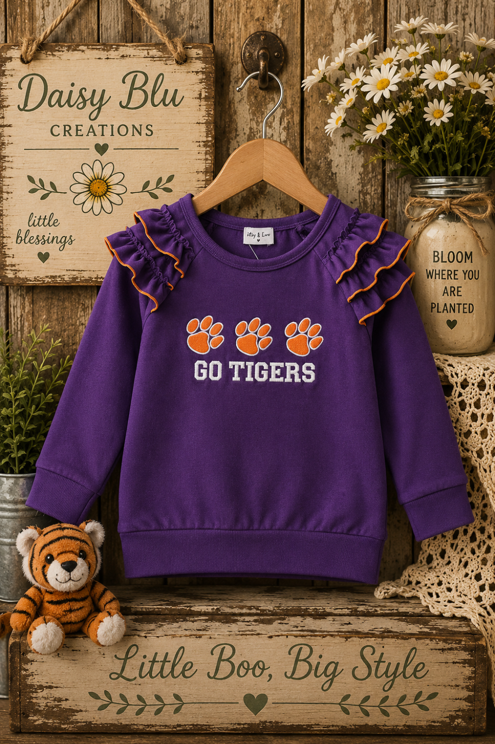 Purple Go Tigers Embroidery Girl Top|3695