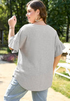 Grey Lace Ruffle Short Sleeve Top|3016