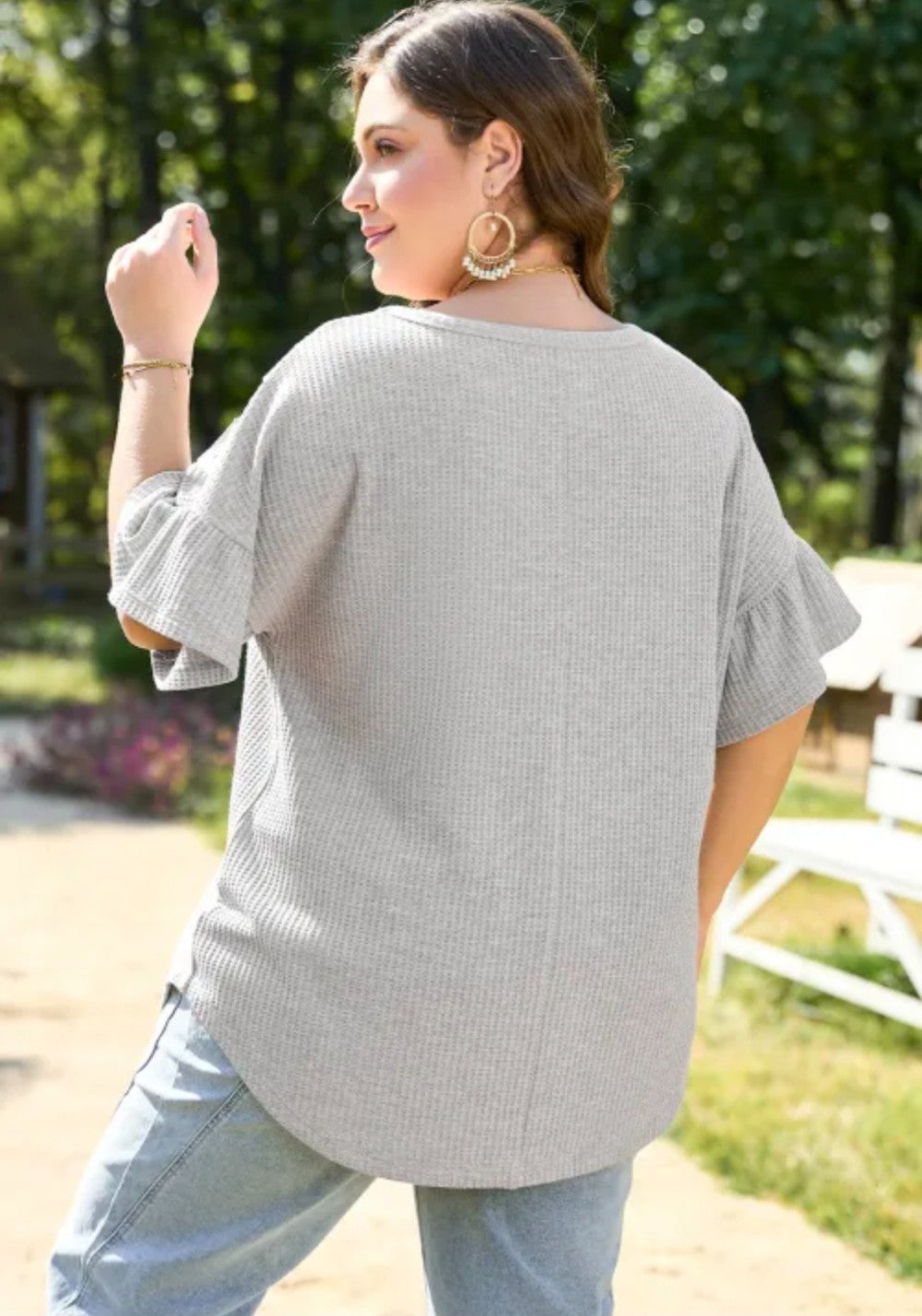 Grey Lace Ruffle Short Sleeve Top|3016