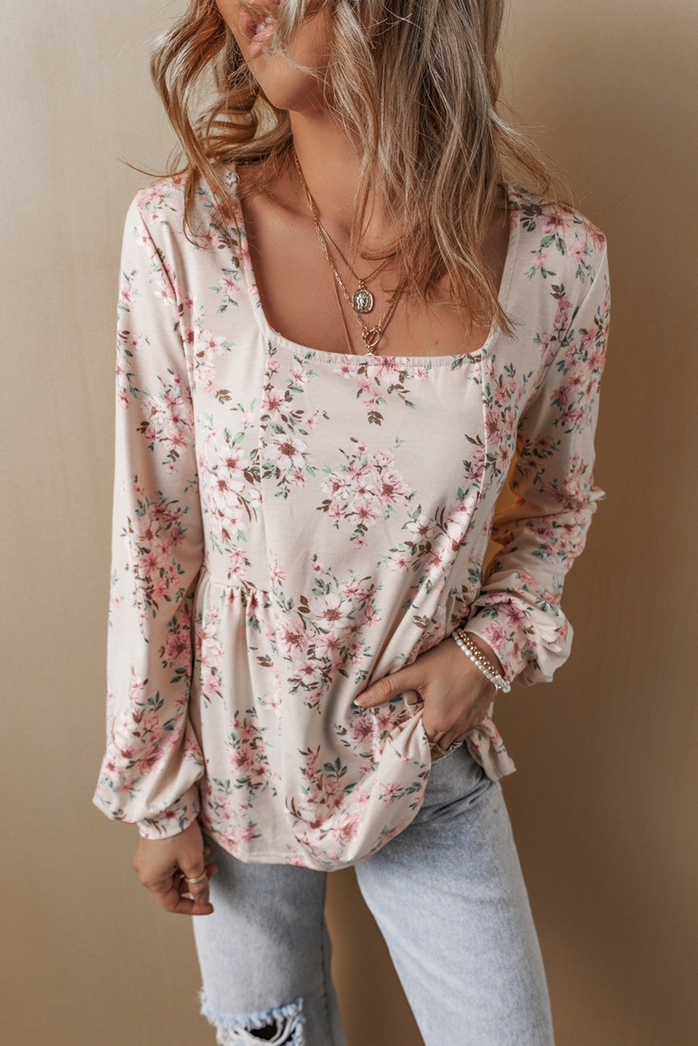 Pink Floral Pleated Blouse|2093