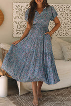 Blue V Neck Shirred Maxi Dress|2215