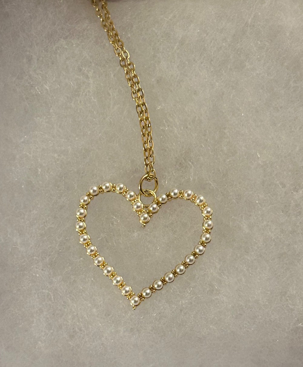 Heart Outlined in Pearls Necklace ~18” Gold Tone Tarnish Resistant Stainless Steel Chain|1542