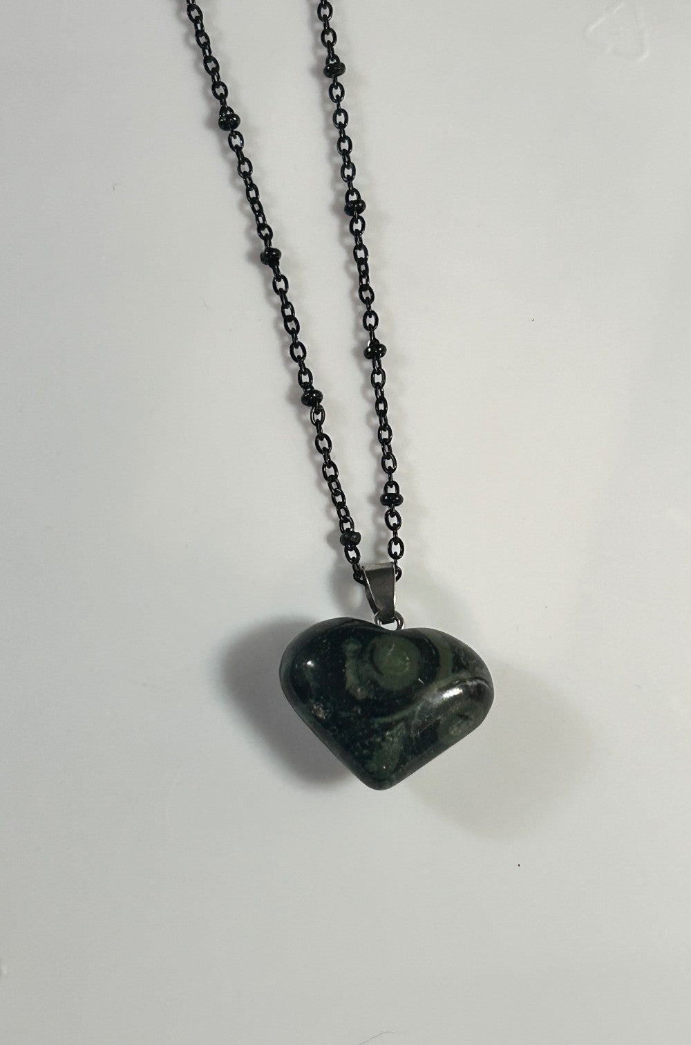Kambaba Jasper Natural Stone Heart Pendant Dangles From A 24” Tarnish Resistant Black Stainless Steel Chain|3893