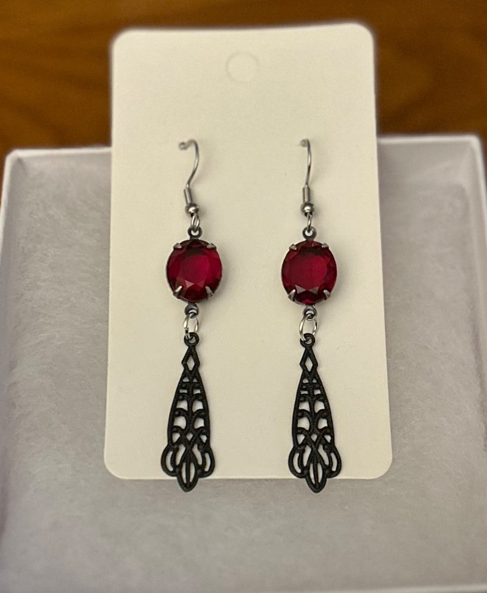Vintage Inspired Deep Red And Black Dangle Earrings ~ Black Ornate Filigree Dangle Connector ~ Hypoallergenic & Nickel Free|955