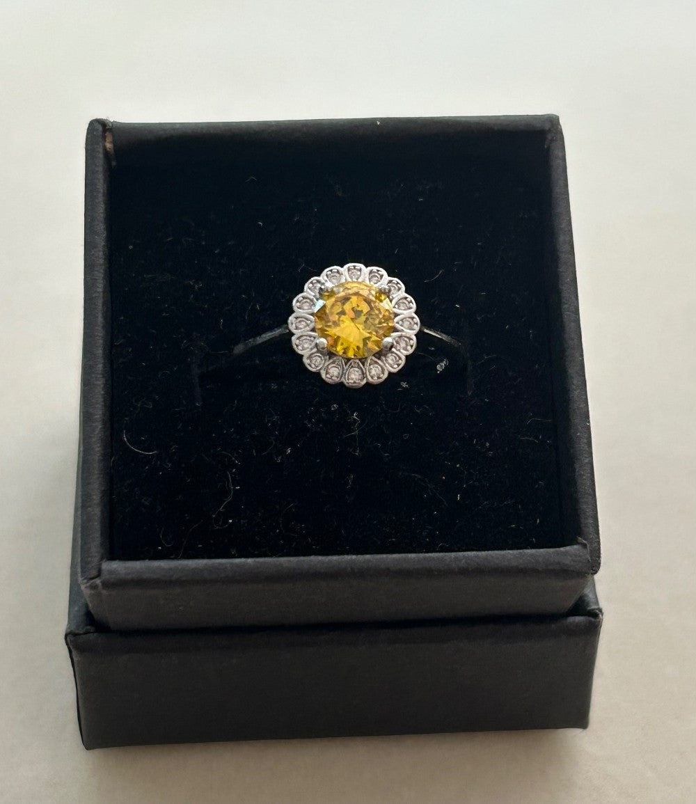 Adjustable Sterling Silver Flower Ring With A Citrine Center Stone Surrounded By Petals OF Tiny CZ  Stones|916