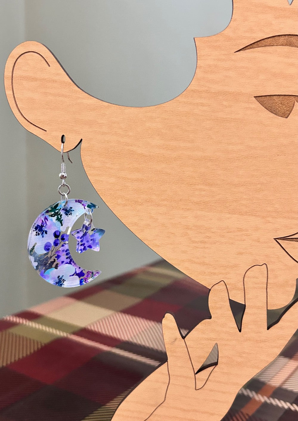 Unique Blue and Purple Floral Moon and Stars Earrings-Hypoallergenic and Nickel Free|3772
