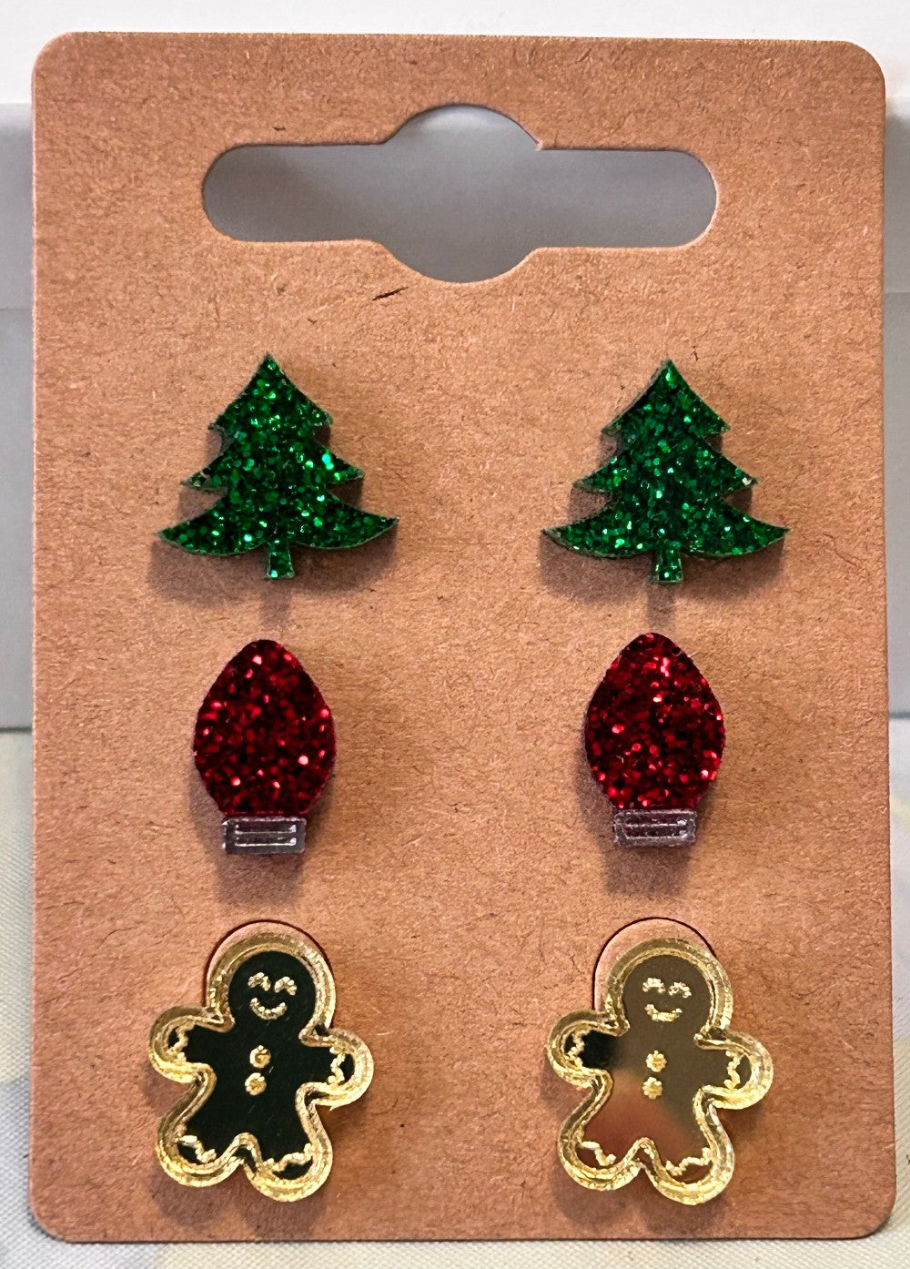 Christmas Themed Stud Earring Three Pack-Glitter Trees in Green-Glitter Light Bulbs in Red-Mirrored Gingerbread Man in Gold|3647