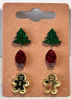 Christmas Themed Stud Earring Three Pack-Glitter Trees in Green-Glitter Light Bulbs in Red-Mirrored Gingerbread Man in Gold|3647