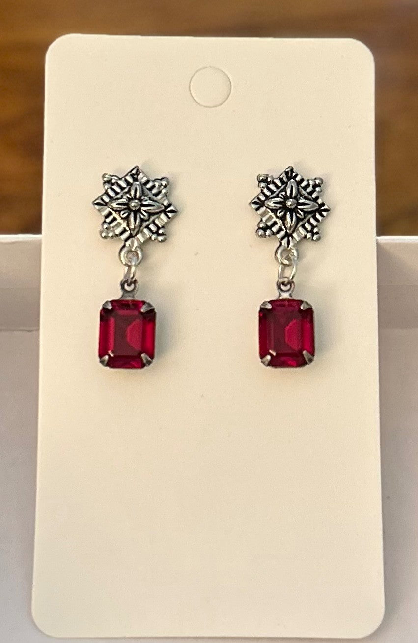 Antique Silver Tone Snowflake Post Earrings With Ruby Red Octagon Stones ~ Hypoallergenic & Nickel Free|965