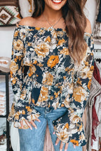 Blue Floral Smocked Peplum Top|2105