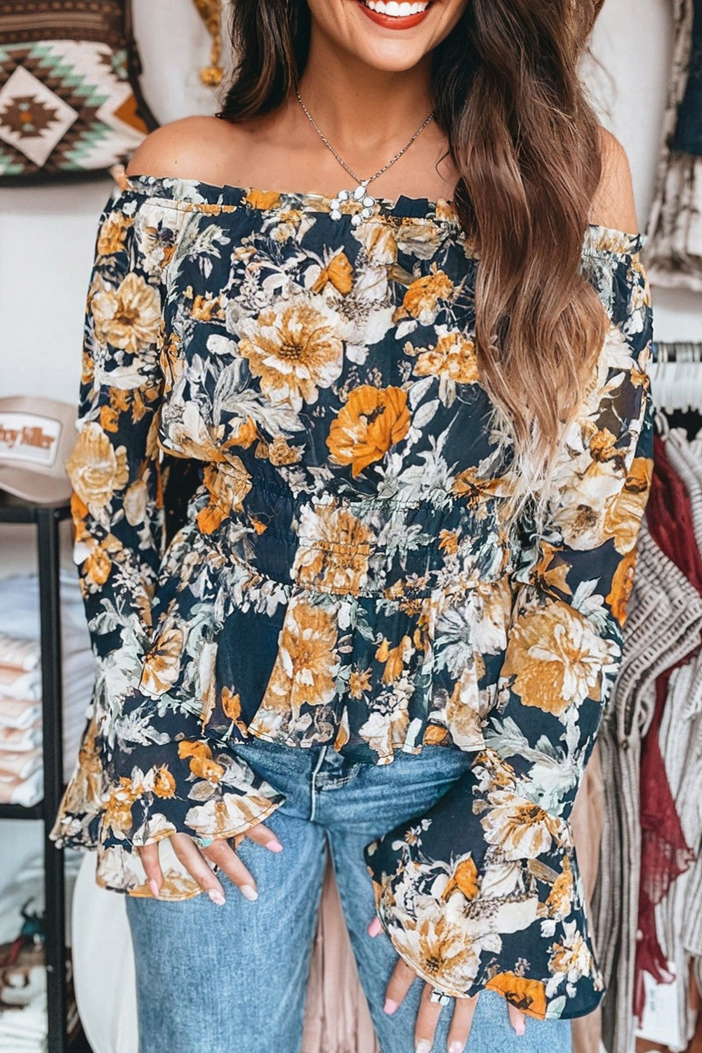 Blue Floral Smocked Peplum Top|2105