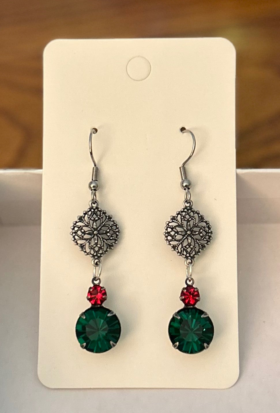 Vintage Inspired Ruby Red And Emerald Green Earrings  With Floral Filigree Connectors ~ Hypoallergenic & Nickel Free|960