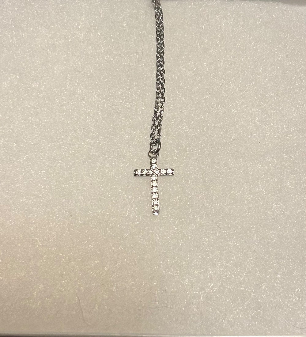Dainty Cross Pendant Necklace with Tiny CZ Stones ~18” Silver Tone Tarnish Resistant Stainless Steel Chain|3906