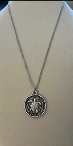 Sea Turtle Coin Pendant Necklace with 18” Tarnish Resistant Stainless Steel Paper Clip Chain|3309