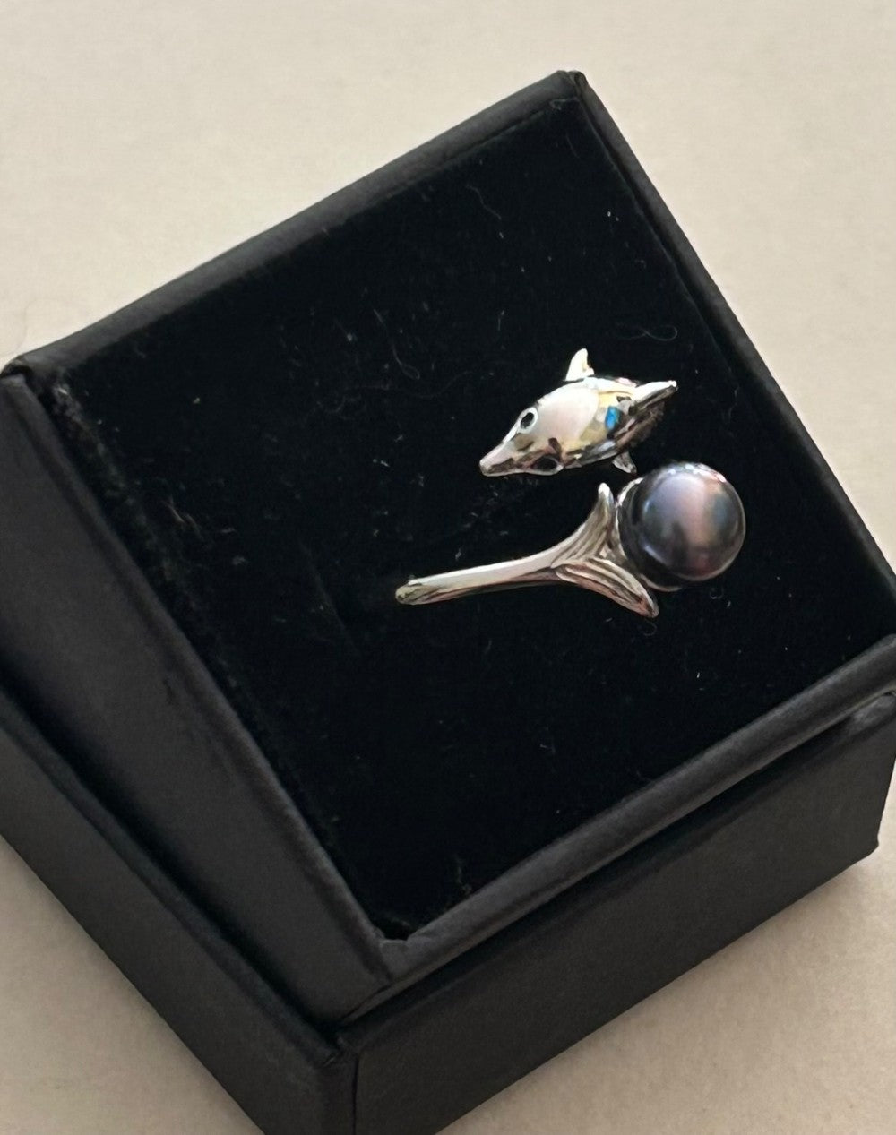 Dolphin Ring with a Freshwater Pearl ~ Adjustable Sterling Silver Setting|897
