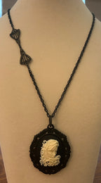 Fanciful Curls Cameo Pendant/Brooch with a 20” Embellished Black Chain|867