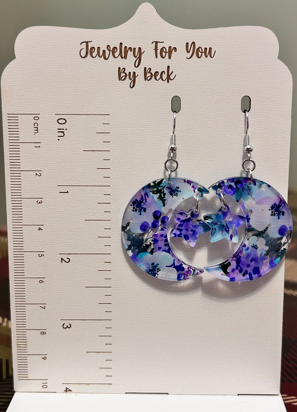 Unique Blue and Purple Floral Moon and Stars Earrings-Hypoallergenic and Nickel Free|3774
