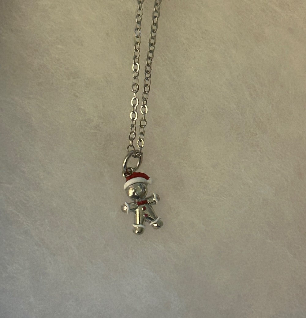 Silver Tone Gingerbread Man Necklace with Red and White Details ~18” Tarnish Resistant Stainless Steel Chain|1549