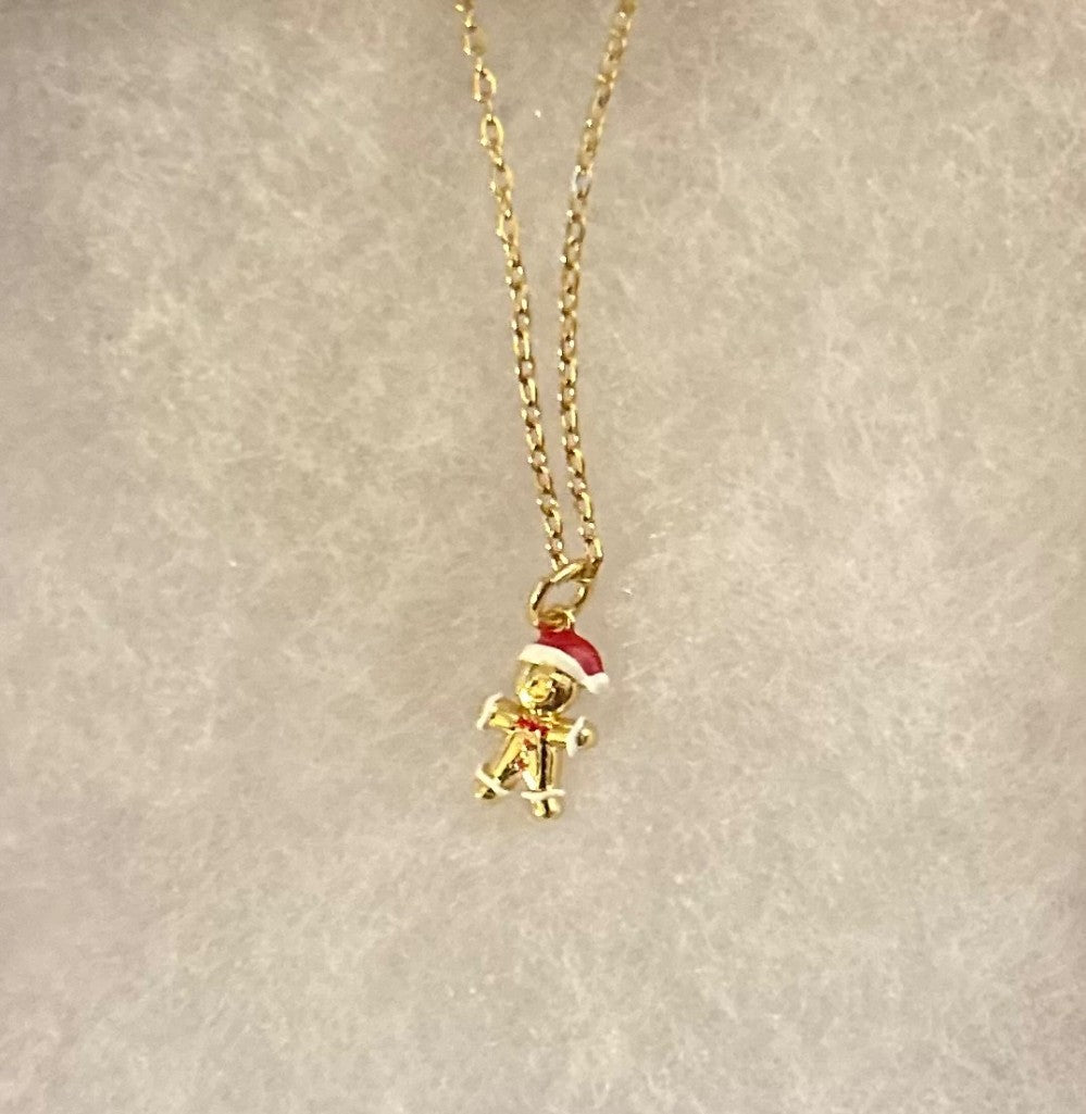 Gold Tone Gingerbread Man Necklace with Red and White Details ~18” Tarnish Resistant Stainless Steel Chain|1538