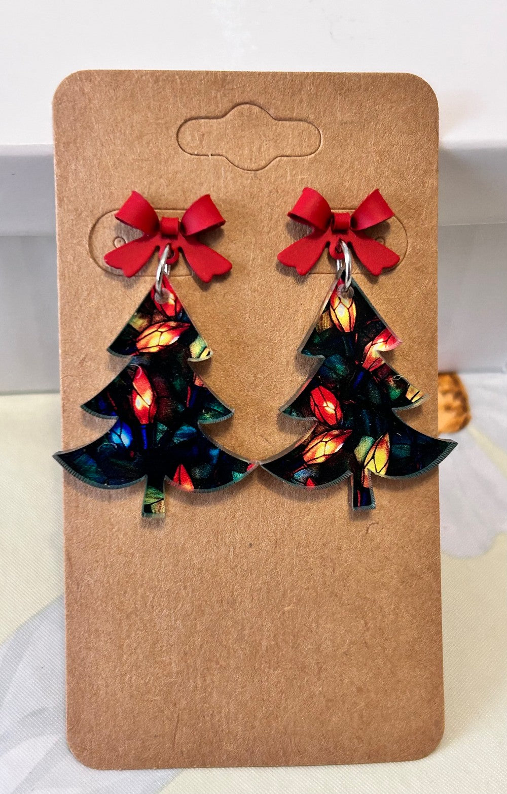 Acrylic Christmas Tree with Lights and a Red Bow Dangle Earrings-Hypoallergenic and Nickel Free|3653