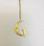 Sweet Kitty Sitting On A Crescent Moon-Gold Tone-18” Tarnish Resistant Stainless Steel Chain|3985