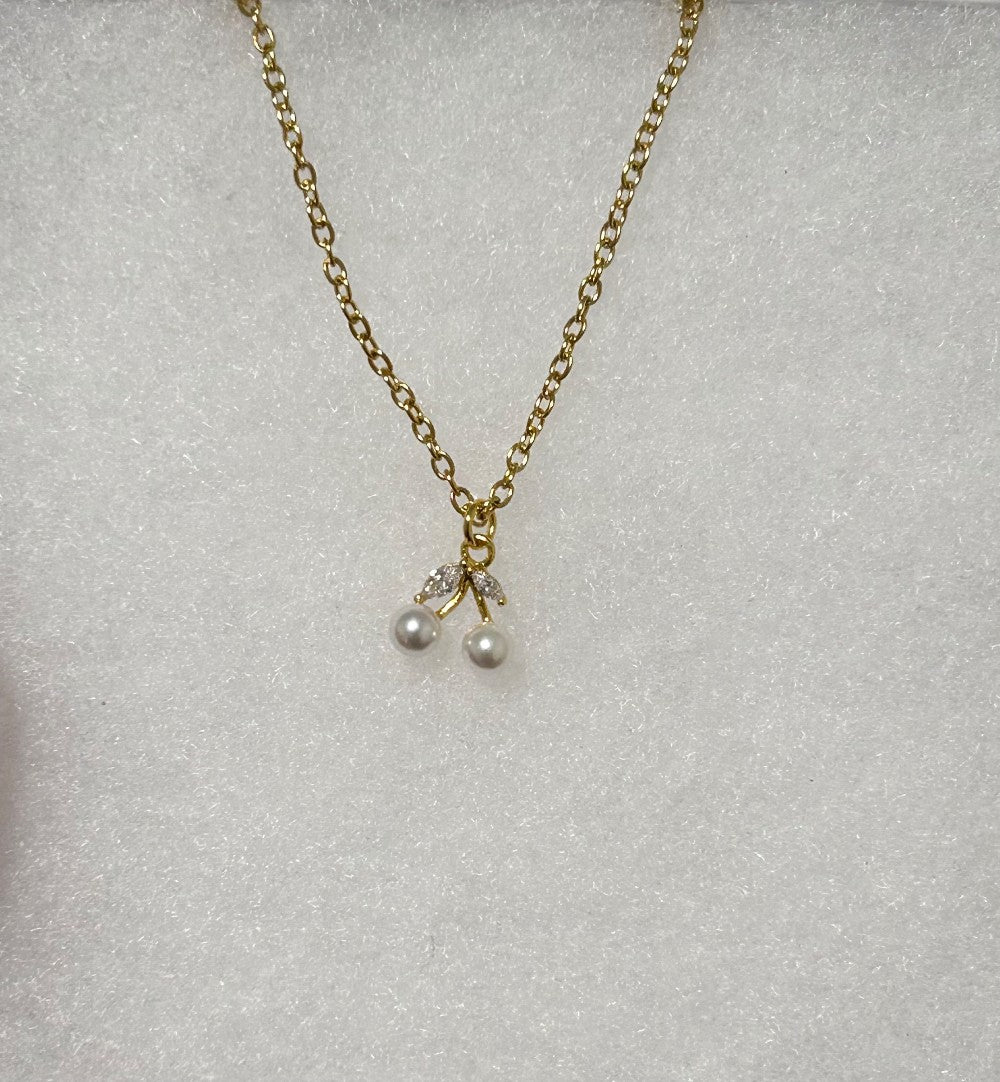 Dainty Pearl Cherries Pendant Necklace-Faux Pearls and CZ Stones-18” Tarnish Resistant Stainless Steel Chain|3339