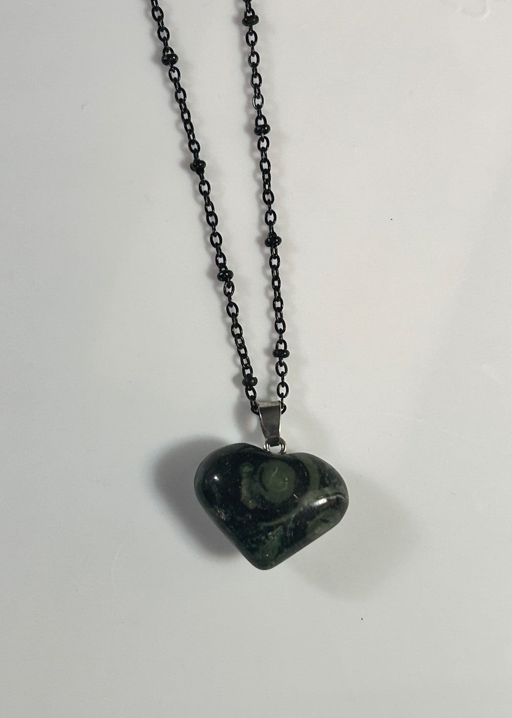 Kambaba Jasper Natural Stone Heart Pendant Dangles From A 24” Tarnish Resistant Black Stainless Steel Chain|3892