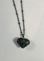 Kambaba Jasper Natural Stone Heart Pendant Dangles From A 24” Tarnish Resistant Black Stainless Steel Chain|3892