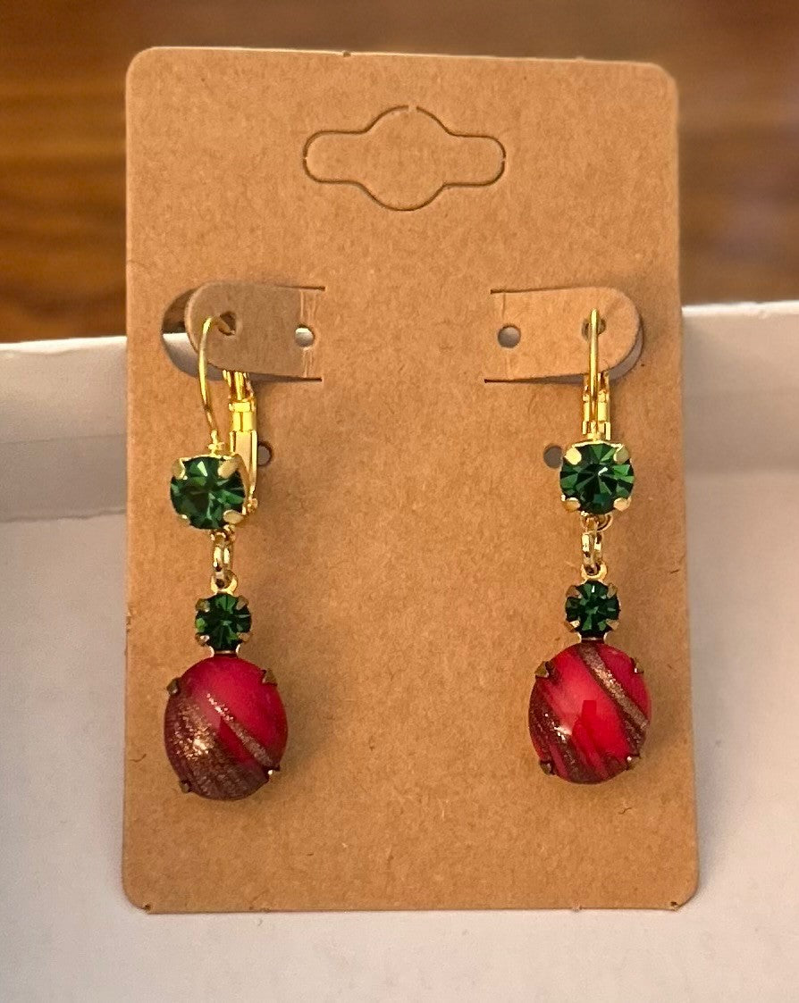 Vintage Inspired Christmas Earrings Set With Opaque Red Cabochons Sprinkled With Gold Flecks And  Green Tourmaline Rhinestones ~ Hypoallergenic & Nickel Free|971