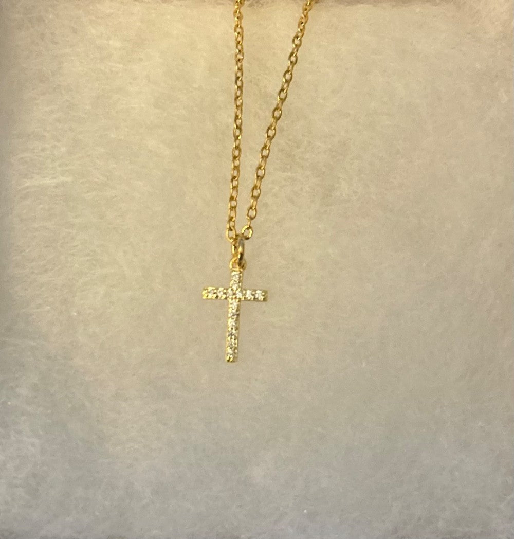 Dainty Cross Pendant Necklace with Tiny CZ Stones ~18” Gold Tone Tarnish Resistant Stainless Steel Chain|1530