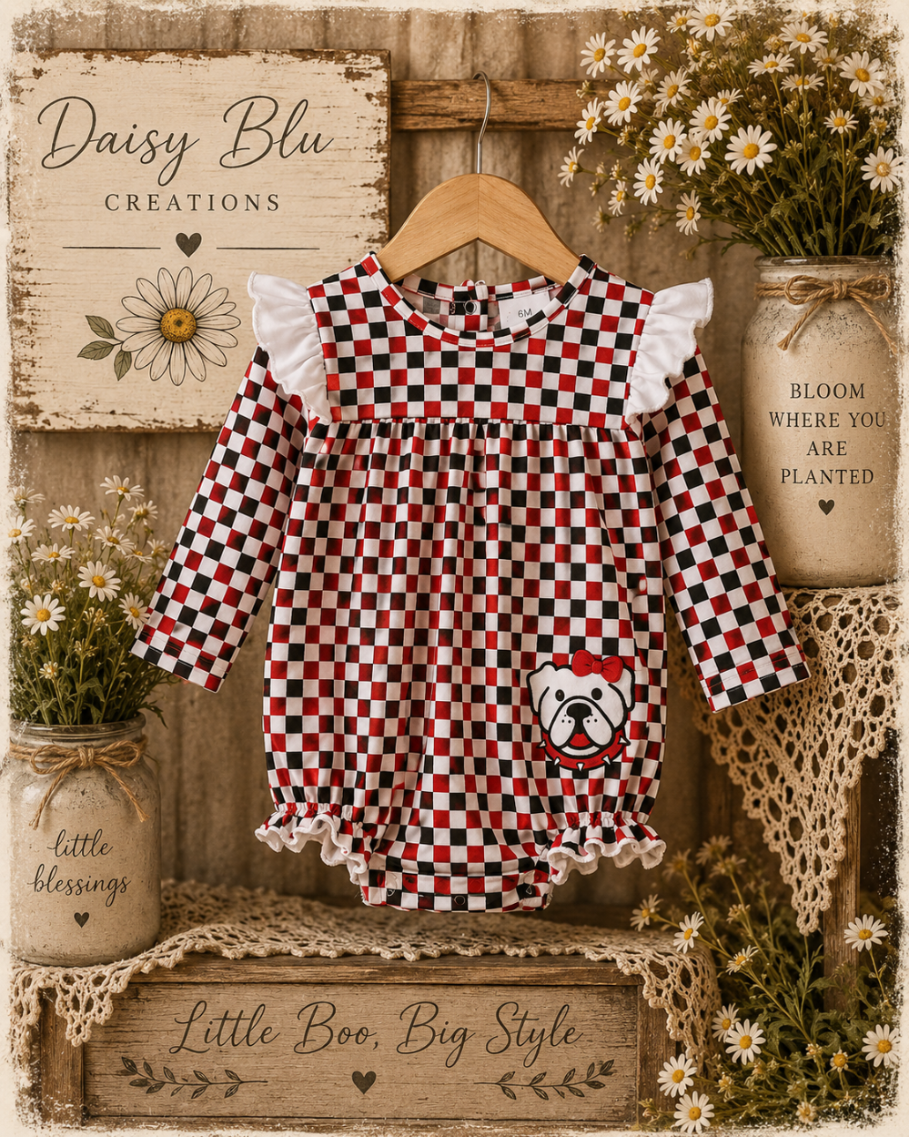 Checkered Georgia Dog Applique Ruffle Bubble|3675