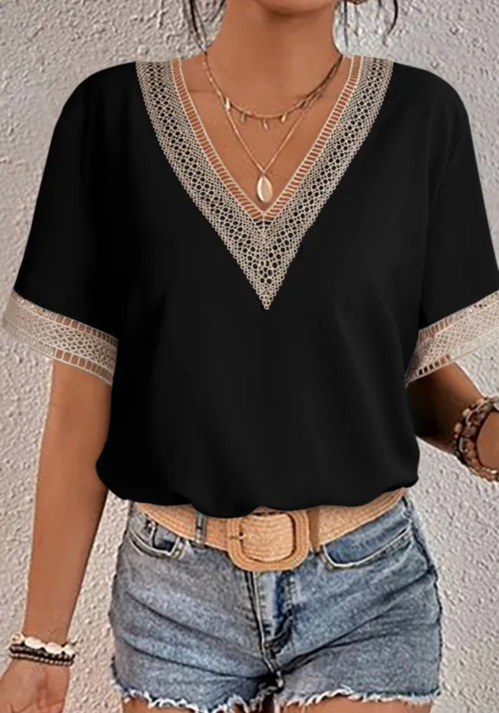 Black Lace Trim V Neck Short Sleeve Blouse|3003