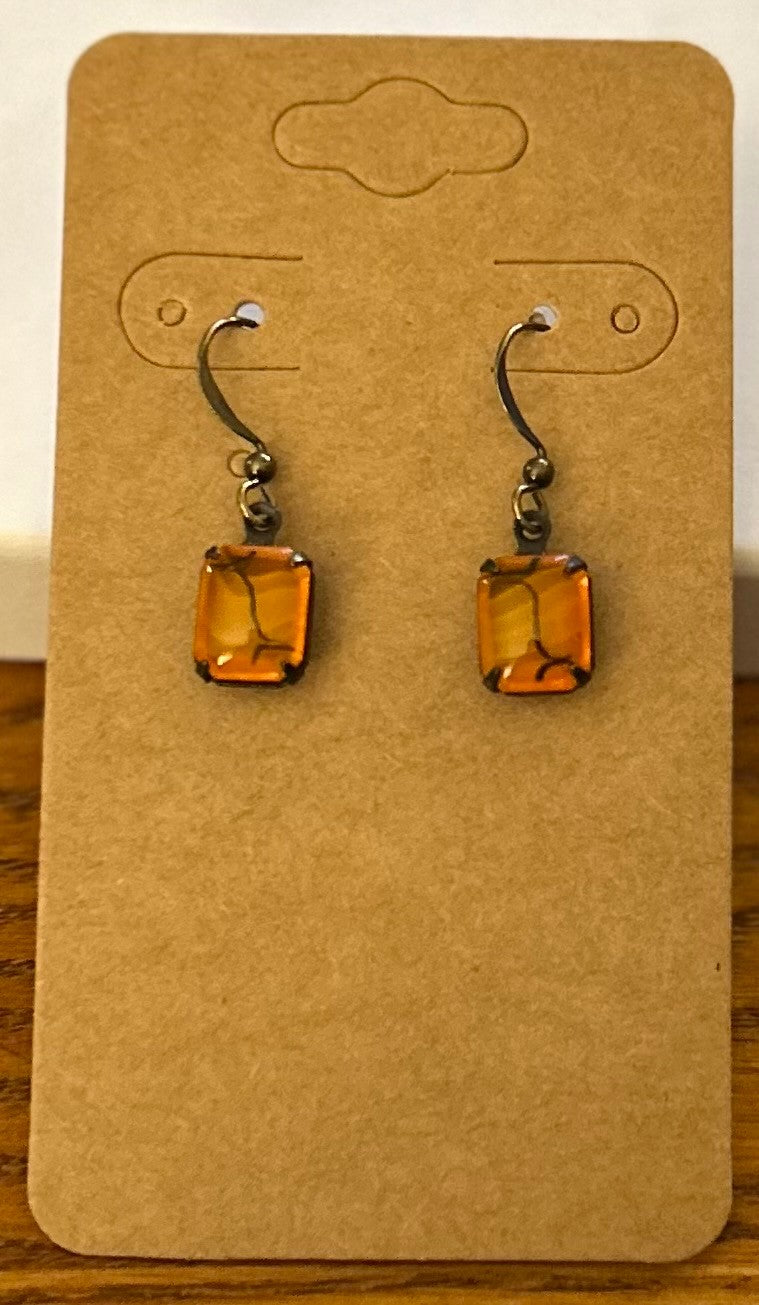 Vintage Stone Earrings ~ Vintage Transparent Orange and Black Octagon Stones~ West German Hyacinth Stones~ Hypoallergenic and Nickel Free|1368