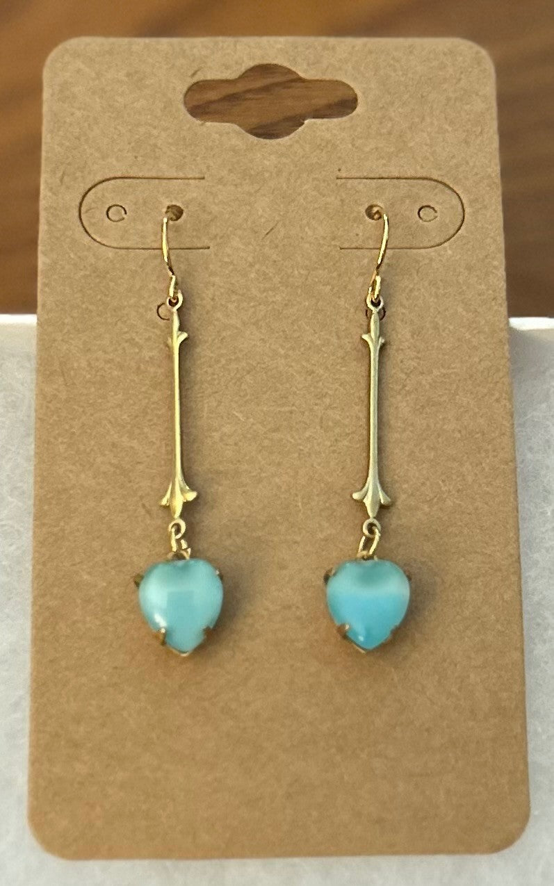 Frosted Blue Heart Bar Earrings ~ Vintage Inspired ~ Hypoallergenic & Nickel Free|933