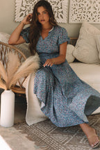 Blue V Neck Shirred Maxi Dress|2214