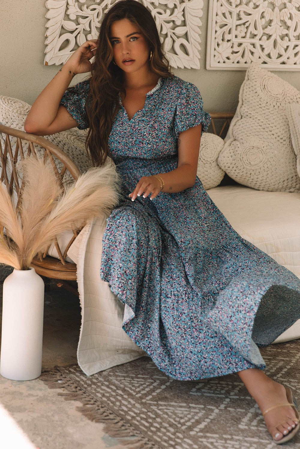 Blue V Neck Shirred Maxi Dress|2214