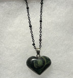 Kambaba Jasper Natural Stone Heart Pendant Dangles From A 24” Tarnish Resistant Black Stainless Steel Chain|3888