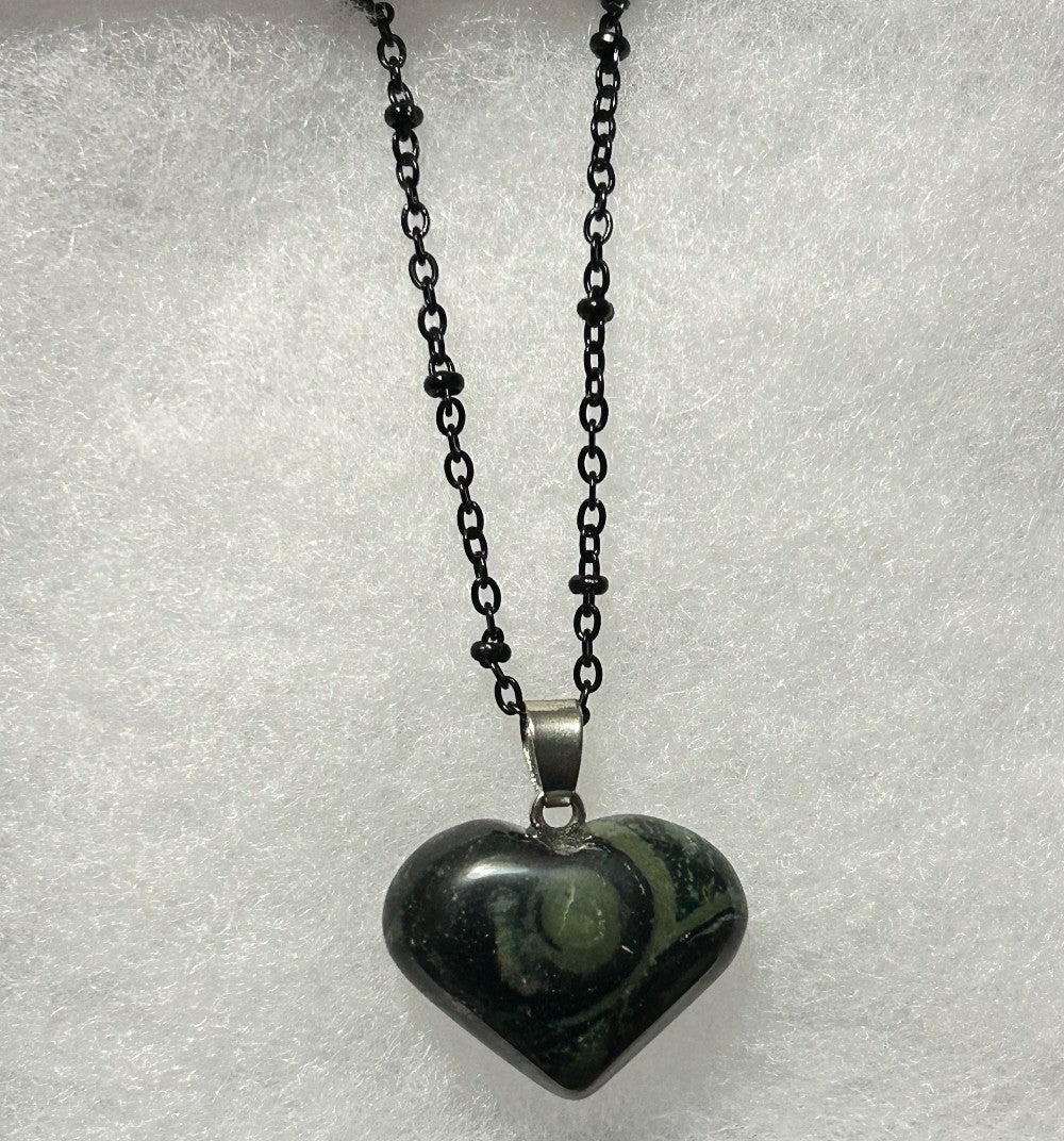 Kambaba Jasper Natural Stone Heart Pendant Dangles From A 24” Tarnish Resistant Black Stainless Steel Chain|3888