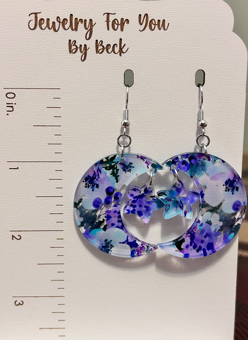Unique Blue and Purple Floral Moon and Stars Earrings-Hypoallergenic and Nickel Free|3775