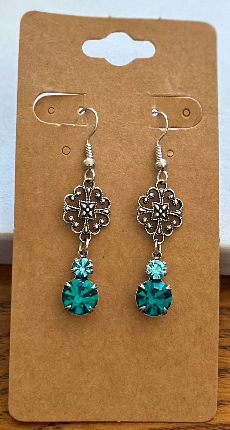 Vintage Inspired Light Blue and Aqua Rhinestone Double Drop Earrings with ornate filigree connectors~Hypoallergenic and Nickel Free|1333